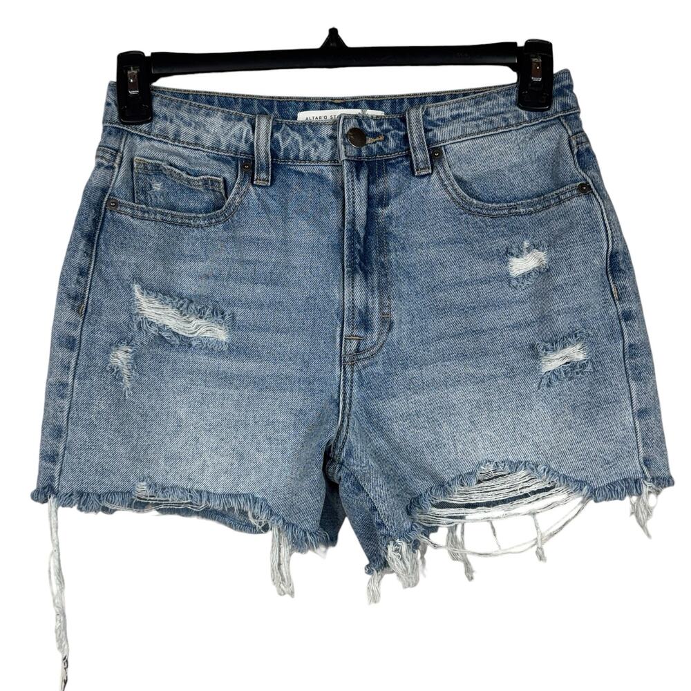 ALTAR’D State SZ 27 Jean Shorts Distressed Zip-Fly Hi-Rise Pockets Frayed Hems